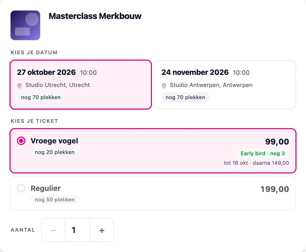 De ticketkaart van Masterclass Merkbouw: Vroege vogel voor 99,00 met het groene label 'Early bird · nog 3' en daaronder 'tot 16 okt · daarna 149,00', en Regulier voor 199,00