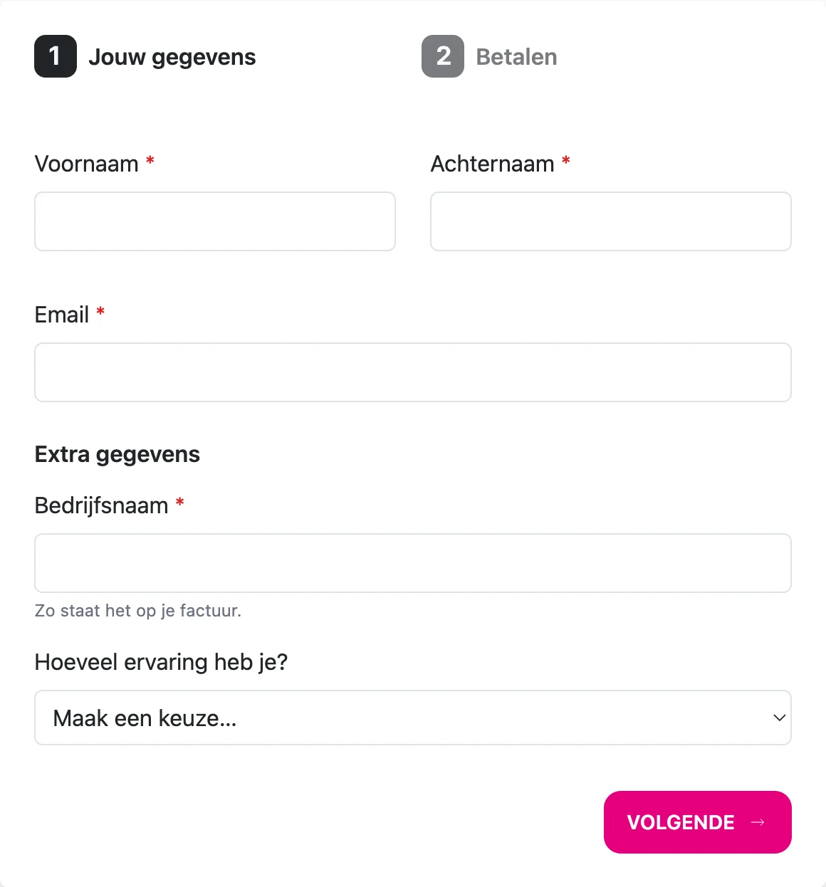 De stap Jouw gegevens op een betaalpagina met onder Extra gegevens het verplichte veld Bedrijfsnaam en de keuzelijst 'Hoeveel ervaring heb je?'