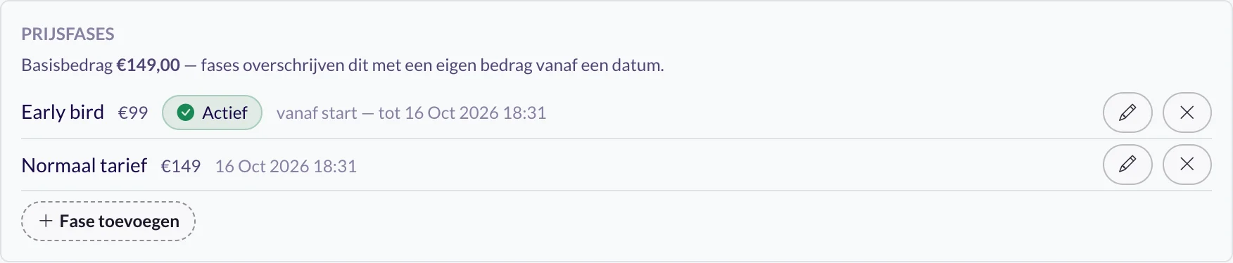 Het paneel Prijsfases met basisbedrag € 149,00, een fase Early bird van € 99 tot 16 oktober en daarna Normaal tarief van € 149