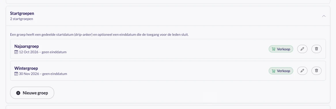 De kaart Startgroepen van Merkstrategie Cursus met twee groepen: Najaarsgroep vanaf 12 oktober en Wintergroep vanaf 30 november, allebei zonder einddatum en allebei met een label dat ze te koop staan