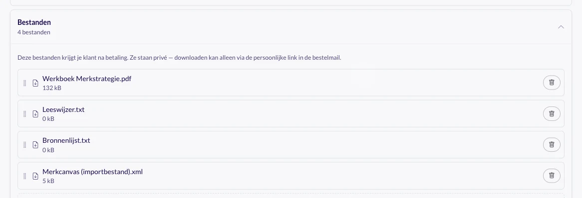 De kaart Bestanden van het product Werkboek Merkstrategie met vier bestanden onder elkaar — Werkboek Merkstrategie.pdf, Leeswijzer.txt, Bronnenlijst.txt en Merkcanvas (importbestand).xml — elk met een greep om te slepen, en de uitleg dat de bestanden privé staan en alleen via de persoonlijke link in de bestelmail te downloaden zijn