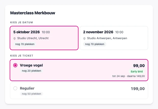 De betaalpagina van Masterclass Merkbouw: onder 'Kies je datum' staan 5 oktober in Studio Utrecht en 2 november in Studio Antwerpen, elk met 'nog 70 plekken'; onder 'Kies je ticket' staat Vroege vogel voor 99,00 met een Early bird-label en de regel 'tot 24 sep · daarna 149,00', en Regulier voor 199,00