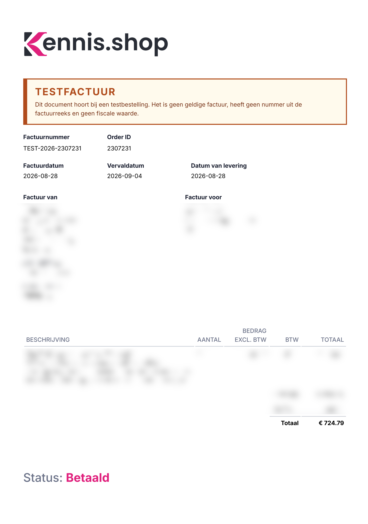Een factuur-pdf met bovenaan een oranje kader TESTFACTUUR, factuurnummer TEST-2026-2307231 en de status Betaald