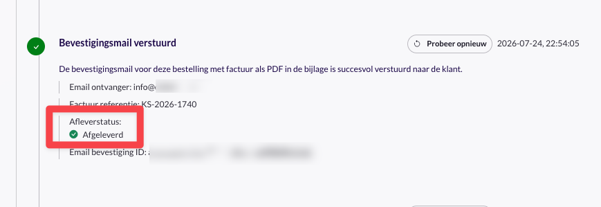 Tijdlijn van een bestelling met de afleverstatus 'Afgeleverd' bij de bevestigingsmail