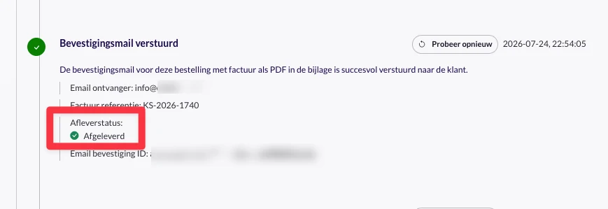 Tijdlijn van een bestelling met de afleverstatus 'Afgeleverd' bij de bevestigingsmail