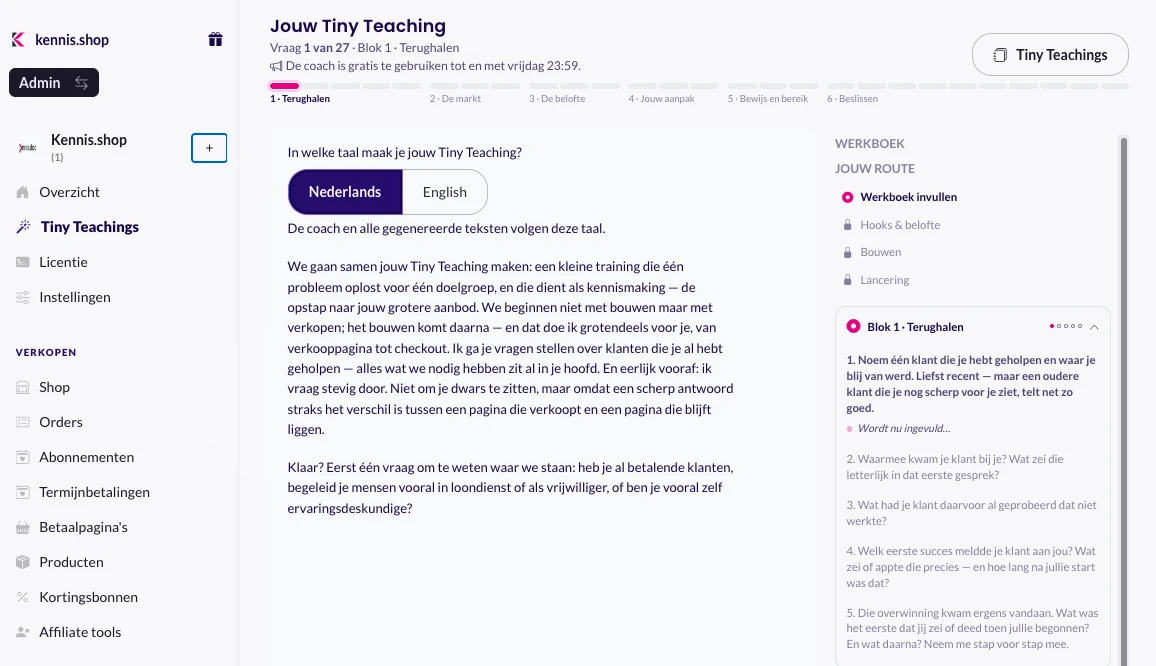 De Tiny Teachings werkplaats met de coach-chat en het werkboek
